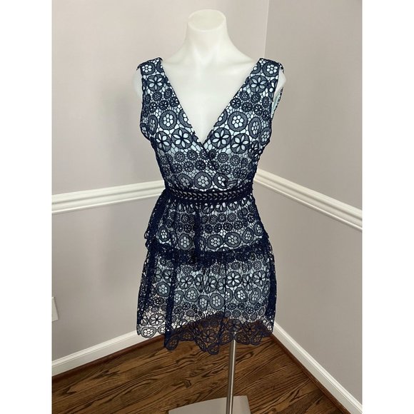 Self-Portrait Dresses & Skirts - SELF-PORTRAIT Guipure Lace V Neck Fit Flare Sleeveless Mini Dress Blue Size 2